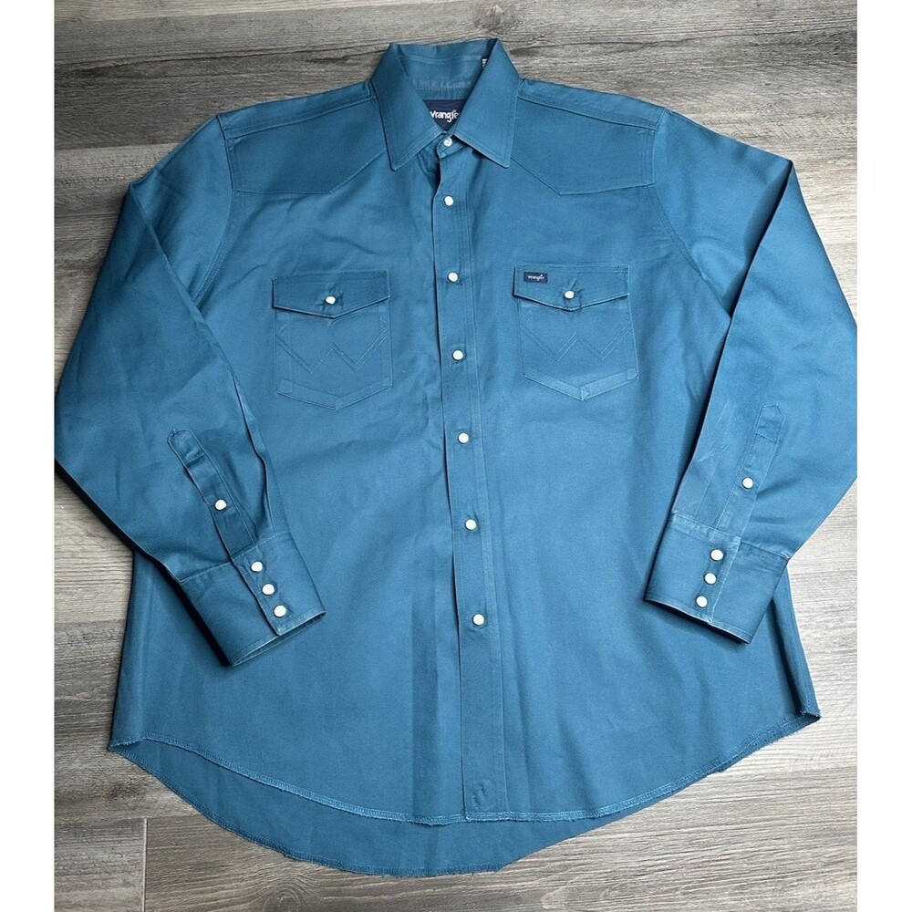 Wrangler Cowboy Cut Western Shirt Mens XL Teal Pearl Snap Curved Shirttail